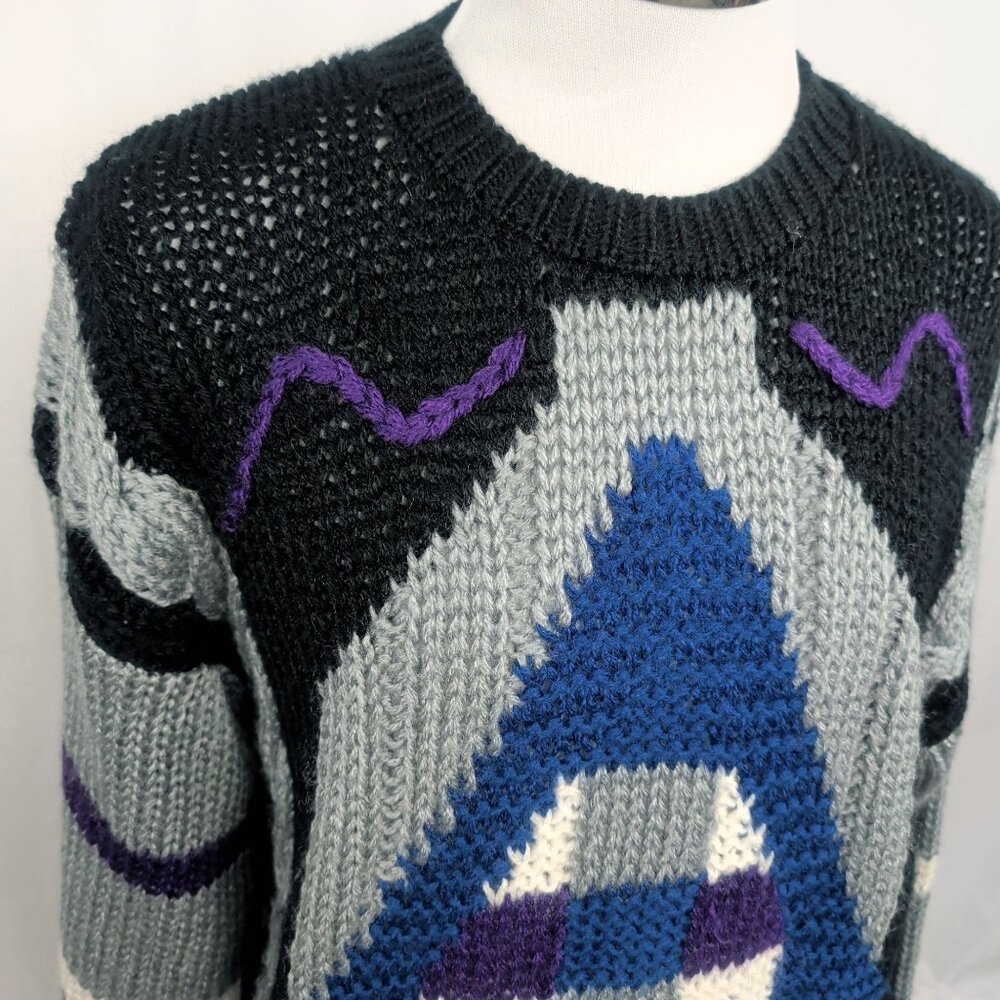 Vintage 80s Pierre Cardin Sweater Medium Black Geometric - Picture 2 of 8
